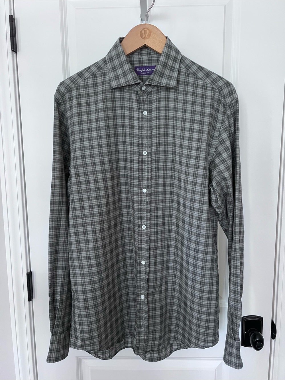 Ralph Lauren Purple Label Linen Buttondown Shirt Gray Check Size Medium GUC